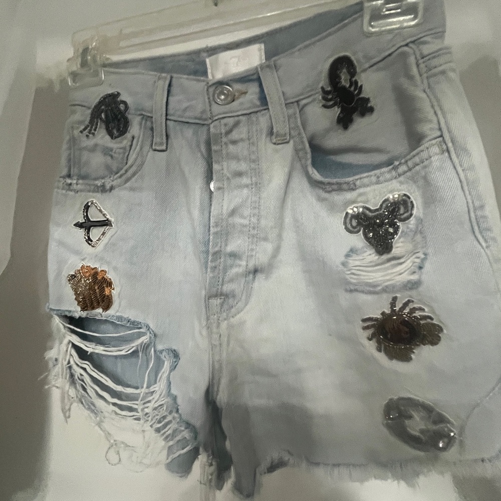 7 For All Mankind Light Blue Embellished Jean Shorts